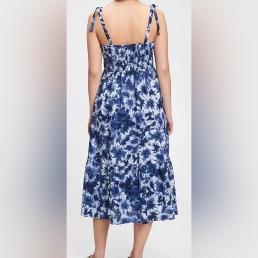 GAP Size 6 Blue Tie Dye Midi Dress- Smocked / Stretch Back, Tie Straps, Lined - Picture 8 of 11